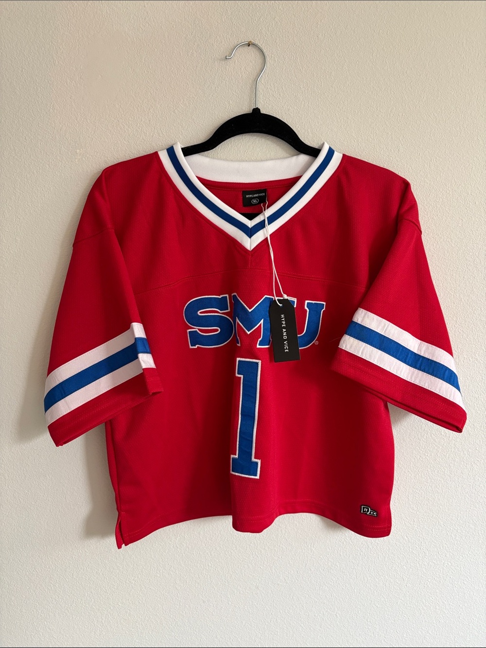 SMU Women’s Boxy Cropped Red Jersey-with Blue & White Trim, size XL